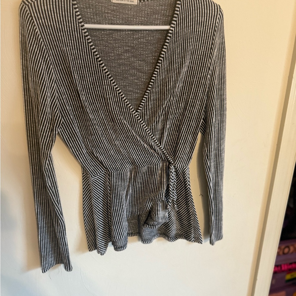 Striped Black and White Wrap Top